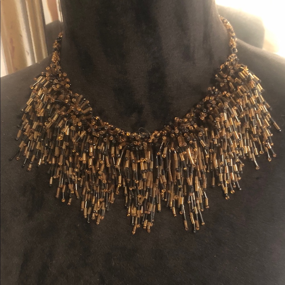 Beaded Fringe Statement Necklace - Gold Tone
